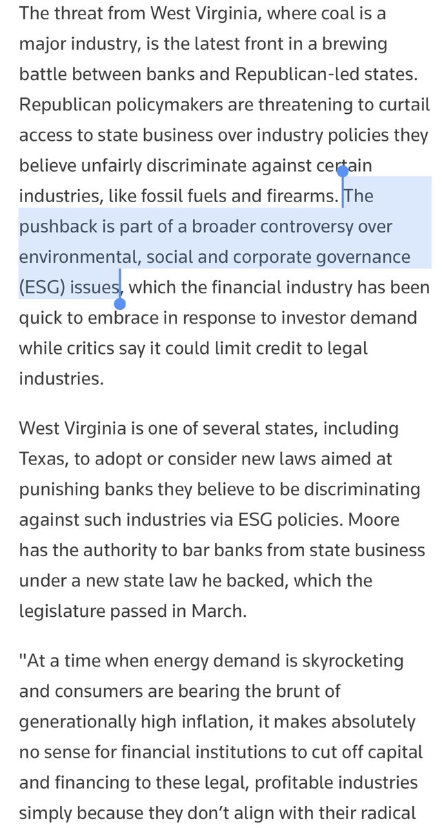 echo_chamberz's tweet photo. Interesting. West Virginia is threatening to bar BlackRock &amp; other ESG banks from the state. https://t.co/J3mZxiakL0