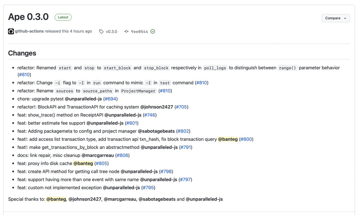 banteg's tweet image. 🚨 Ape v0.3.0 is out!

I&apos;ve worked closely with Jules on this one to bring both Geth- and Parity-style tracing support. This release also adds new caching APIs and fixes some quirks in transaction handling.

github.com/ApeWorX/ape/