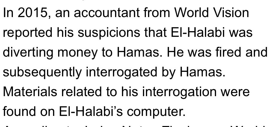 BBCarlill's tweet photo. Here are some facts the #ABC and others haven’t explained re the @WorldVision #Halabi case, compiled by @NGOmonitor. @TimCostello might want to take a closer look, since he was in charge when a WV employee was interrogated by #Hamas after complaining about WV irregularities. https://t.co/oENvP45lF9