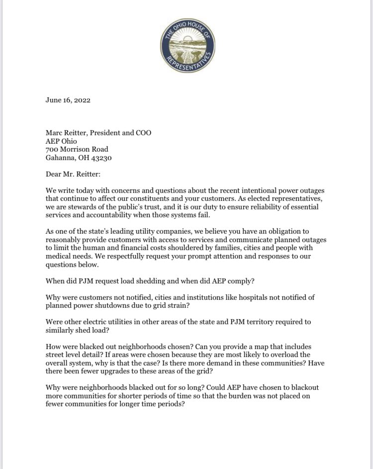 Russo4Ohio's tweet photo. Like many of you, we want to know why AEP customers &amp; local governments weren’t notified promptly of intentional outages and how the no-power communities were selected. We also want AEP to explain how they’ll improve the power grid &amp; communications to prevent future failures. https://t.co/apPH0pHkcz