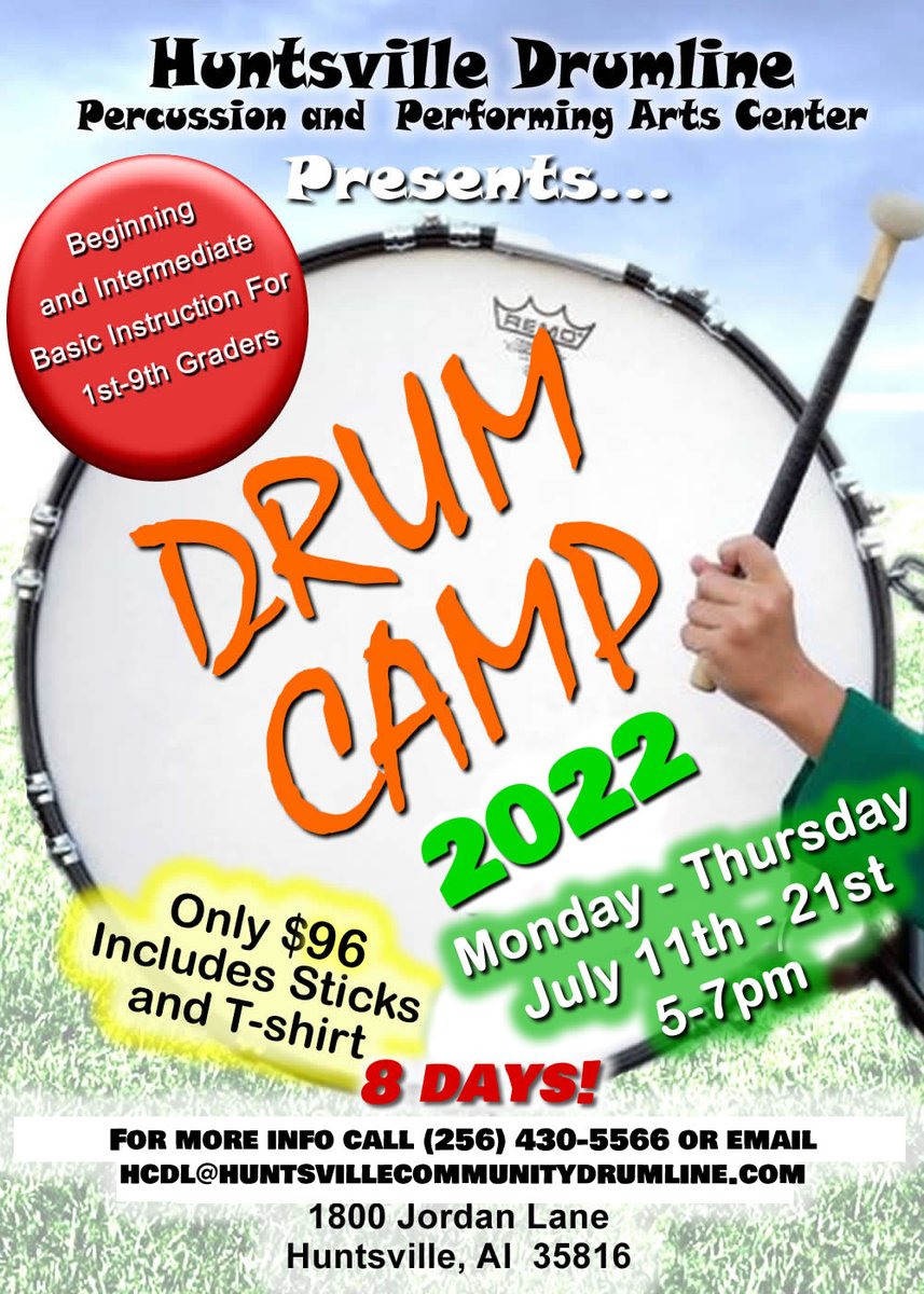 Summer Drum Camp is here! 📣 July 11th- 21st, 8 days from 5-7pm! 

Come experience Living Life Loud with us! No experience needed! 1st-9th graders welcomed! #HCDL #livinglifeloud #DrumCamp2022 😎🥁❤️