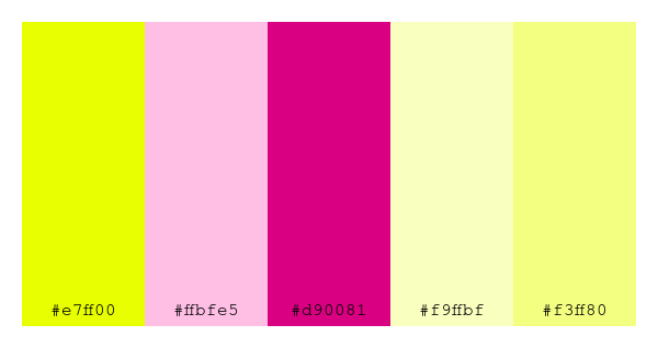 ColPaletteBot's tweet photo. Beep beep, here's a pretty color palette for you!
color-scheme.js parameters used:
- hue: 127
- variation: default
- colors: #e7ff00, #ffbfe5, #d90081, #f9ffbf, #f3ff80
Have a lovely evening!
#twitterbot #colorpalette #colors #palette #prettycolors https://t.co/sUAeYIgPUk