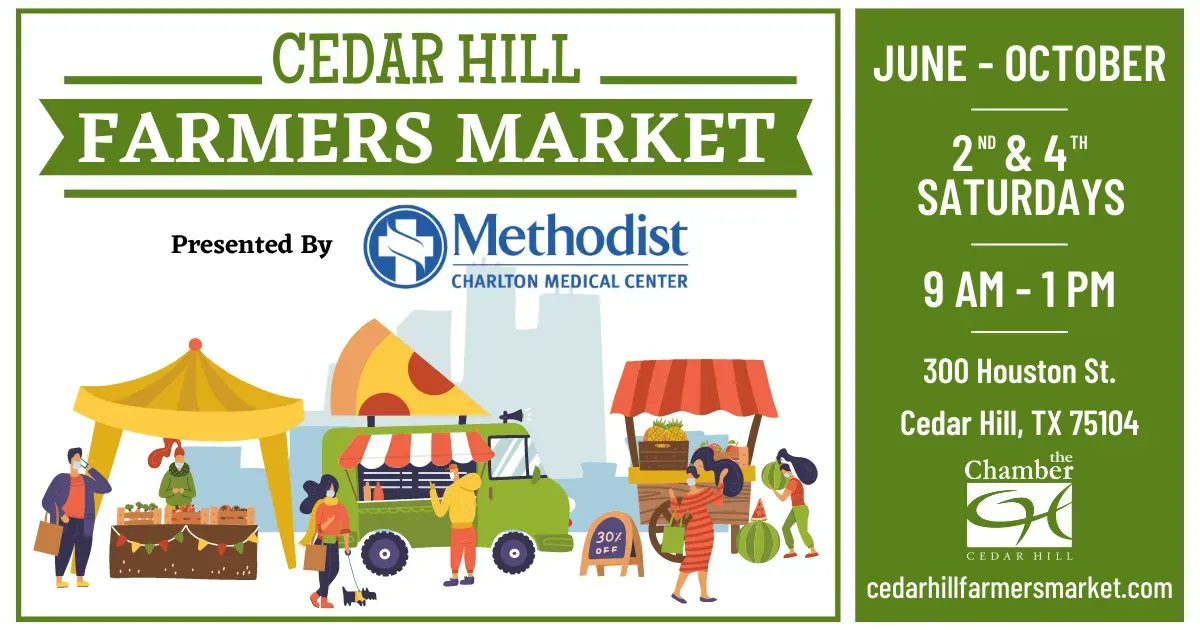 The Cedar Hill Farmers Market opens Saturday, June 25th. Shop produce, animal products, baked goods, and other artisan creations.

See our vendors or apply to be a vendor:
buff.ly/3uLjw7w
#market #farmersmarket #communitymarket #shoplocal #cedarhillfarmersmarket