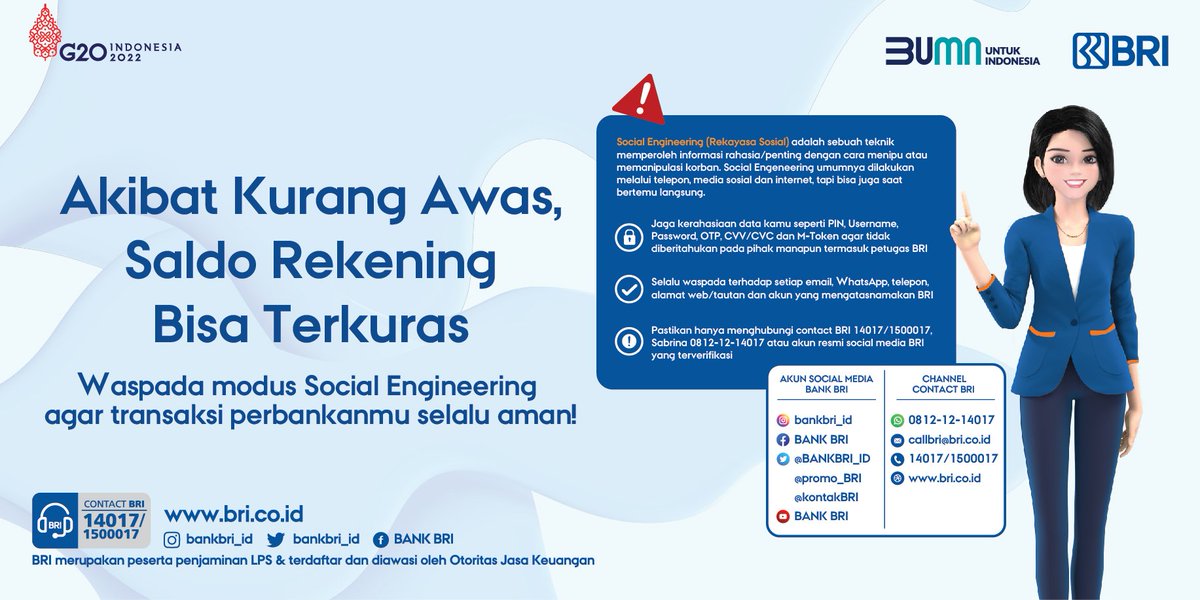 Tyasayu172's tweet photo. Ingat ya gaess, tetap waspada karena makin beragam penipuan yang dilakukan oleh oknum kejahatan.
Jangan pernah berikan datamu ke siapapun & segera konfirmasikan kepada Bank BRI melalui contact resmi jika ada permintaan yang mencurigakan #ROSurabaya
#3707 https://t.co/HrUMvP3w02