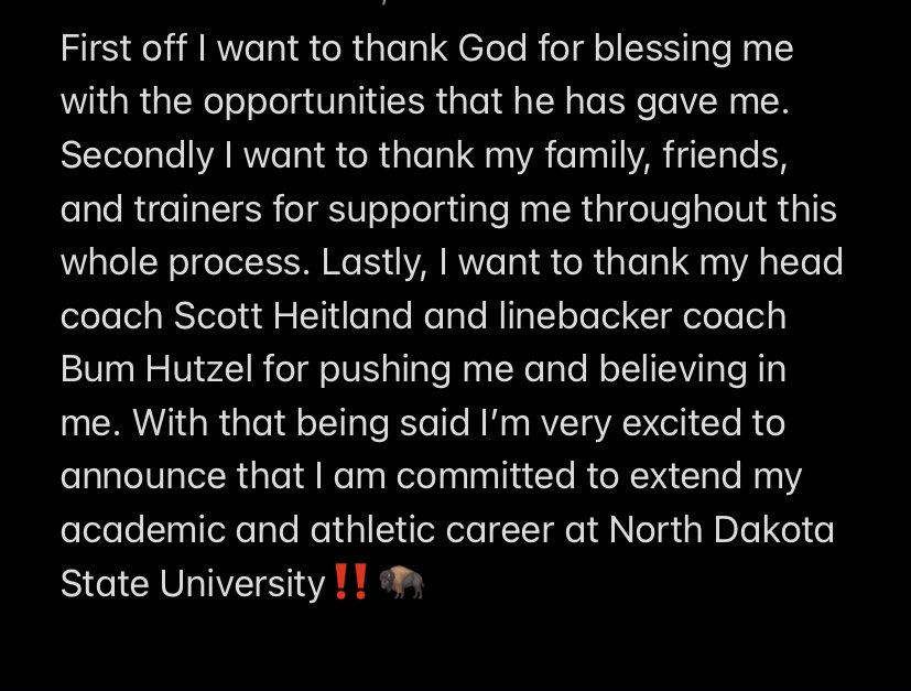 I AM OFFICIALLY HOME‼️@NDSUfootball #GoBison 🟢🟡🦬

@Coach_Entz @CoachGrantOlson @Coach_Braun @Coach_Roehl @dcgfootball @DCGStrength 
@AllenTrieu @BlairRIVALS