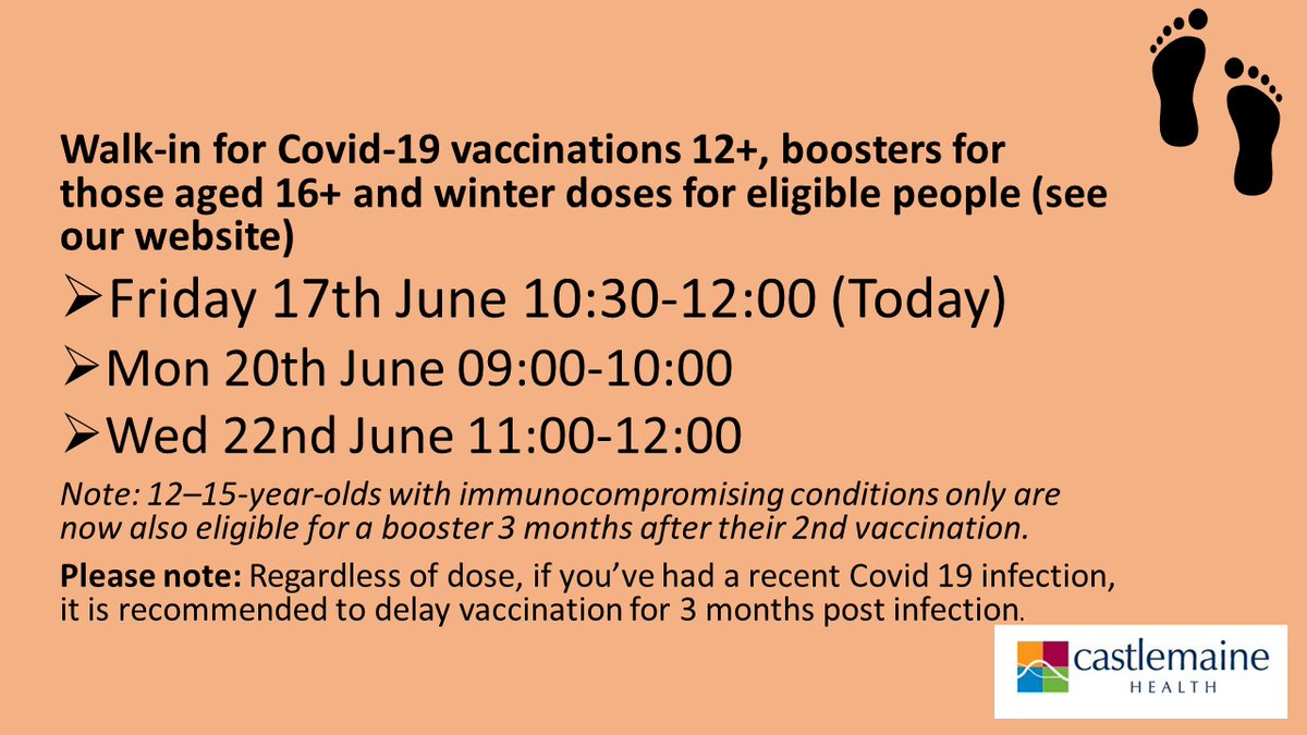 Castlemaine Health COVID-19 Vaccination Clinic is offering the following walk in clinics this week.

More info at castlemainehealth.org.au/coronavirus/va…