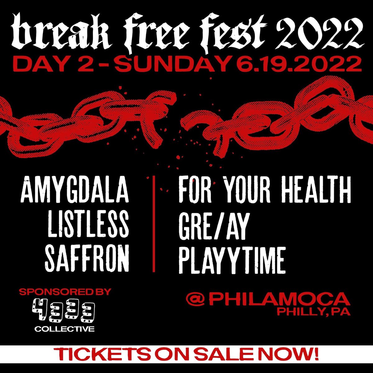 dbmagazine's tweet photo. 6.19 at PhilaMoca
Amygdala (San Antonio)
Listless (RVA)
Saffron (DC)
For Your Health (OH)
Playytime (ATL)
+more!
Tickets:
https://t.co/WbIkGODwU9
ALL AGES | SPONSORED BY 4333 collective
#BreakFreeFest is a HC and Punk fest that works to create a space for POC in #Phila https://t.co/APgrijpneH