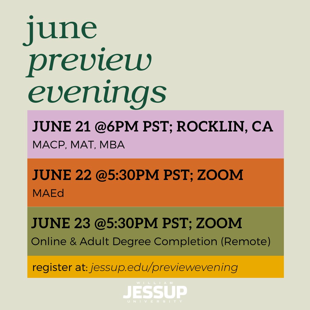 WJUGradStudies's tweet photo. Our June Preview Evenings are happening next week! It's not too late to register if you'd like to learn more about our programs and get answers to your questions in real time. We look forward to seeing you there!

#jessup #previewevening https://t.co/zZJ283WViB
