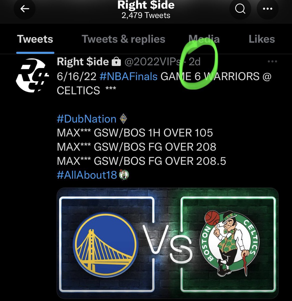 TheRightSideLLC's tweet photo. 6/16/22 #NBAFinals GAME 6 WARRIORS @ CELTICS  ***

#DubNation        
🔒MAX*** GSW/BOS 1H OVER 105
🔒MAX*** GSW/BOS FG OVER 208
🔒MAX*** GSW/BOS FG OVER 208.5
#AllAbout18 

🚨SENDING $100 TO EVERYONE WHO LIKES &amp; RETWEETS IF THESE DONT SWEEP TONIGHT🚨

https://t.co/G2kFung7xC https://t.co/av7J3HhKqP