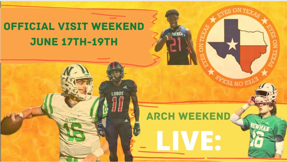 EyesontexasA's tweet photo. Going live tonight!!  Arch Madness continues in Austin June 17th-19th.  Watch LIVE tonight for full coverage on all 9 Official Visits 🤘🤘 @Fan_Prspective @NinosCorner @TXFootballTalk @TheTexasHomer Get your Questions asked and opinions known LIVE!! https://t.co/ijOVutrWAY https://t.co/f2AJkFEQEm