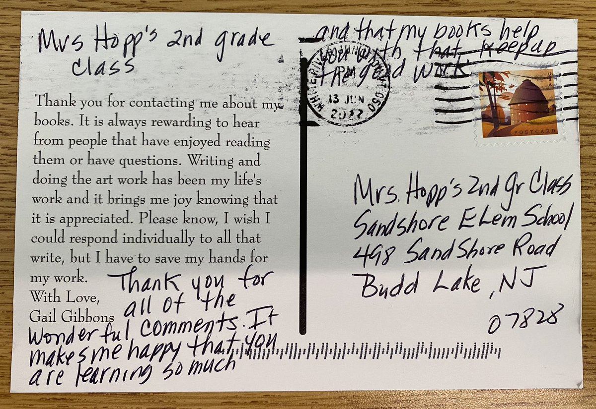 Hopp2nd's tweet photo. We received a postcard back from author and illustrator Gail Gibbons as a response to our letters! @MOSandshore @Jen1Curry @kristymc24 https://t.co/fcVMuIH1iL