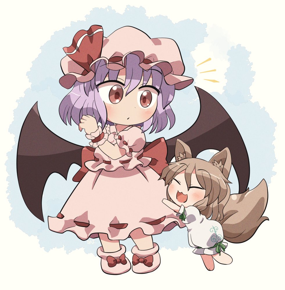 菅牧典 ,レミリア・スカーレット 「お嬢様にこんにちはするつかさちゃん🦇🦊 #おは東方 」|六合ダイスケ@春例大祭う12bのイラスト