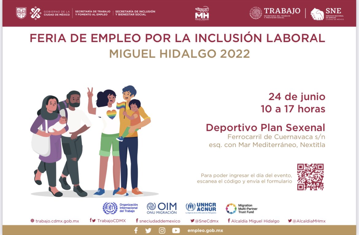 ¡Una apuesta por la población migrante y comunidad #LGBTTTIQ! <a href="/OITnoticias/">OIT</a> <a href="/OIM_Mexico/">OIM México</a> <a href="/AcnurMexico/">ACNUR México</a> <a href="/AlcaldiaMHmx/">Alcaldía Miguel Hidalgo</a> <a href="/TrabajoCDMX/">Trabajo CDMX</a> 

*Requisitos: personas #migrantes, refugiadas o solicitantes de Refugio con permiso de trabajo en #México.

Registro 👇🏻
ferias.empleo.gob.mx/content/candid…