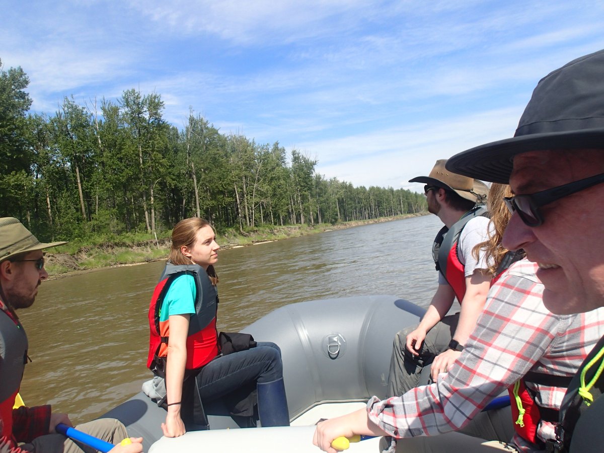 EL_Bamforth's tweet photo. Had a most excellent week 'in the office' - opening our #Pachyrhinosaur #bonebed for the season and beta-testing the @CurrieMuseum's new Fossil Float tour on the #WapitiRiver. Love this job! #paleontology #PeaceRegionAB @CountyofGP (Thx to @Pieceofasaurus for the photo!) https://t.co/X9IkIRPJBe
