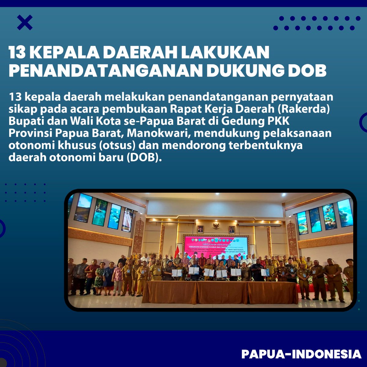 Atom583's tweet photo. 13 kepala daerah melakukan penandatanganan pernyataan sikap pada acara pembukaan Rapat Kerja Daerah (Rakerda) Bupati dan Wali Kota se-Papua Barat di Gedung PKK Provinsi Papua Barat. #PemekaranPercepatPembangunan #PapuaIndonesia https://t.co/26vXaI1YVg