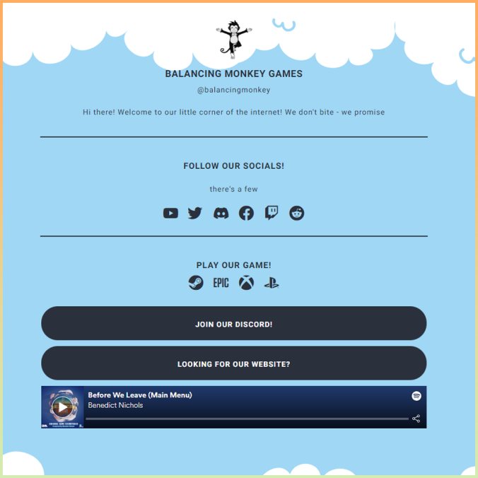 BalancingMonkey's tweet image. We have a Lnk.Bio with all our groovy platforms for you to visit! 😍

Want to join our Discord? the link is here! want to buy #BeforeWeLeave ? Yep, you guessed it, the link is here! 

Have a peek at it and tell us what you think! 👀 lnk.bio/balancingmonkey