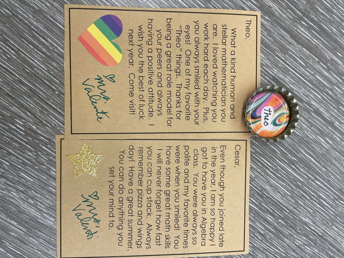 MathWithMrsV's tweet photo. Precalc Final and Algebra Regents exams are done! This year I made little personalized bottle cap trinkets to go with special notes for my mathlings. Bittersweet. #math180 #iteachmath https://t.co/DEPuYuOtCB