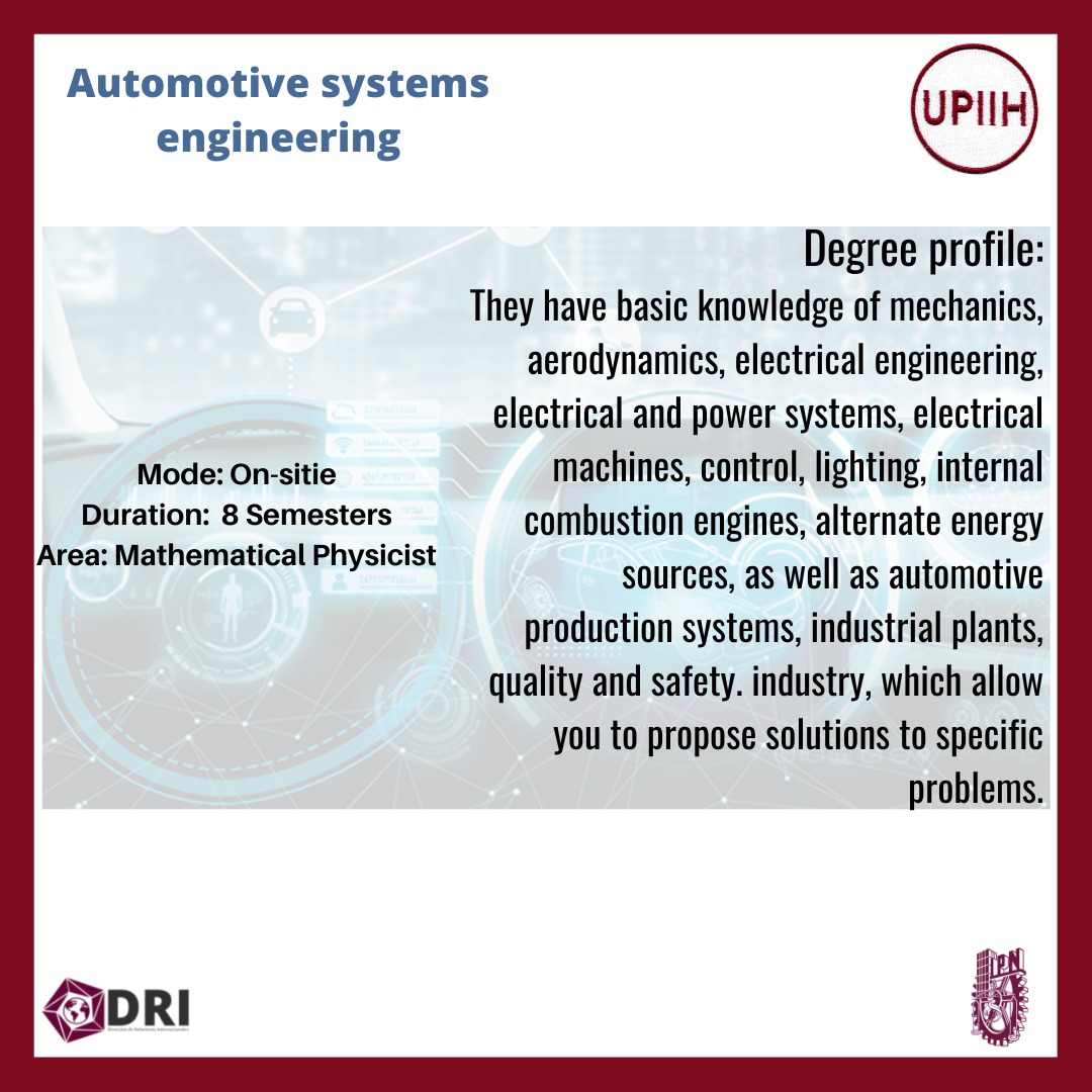 IPN_DRI's tweet photo. WHY IPN
Did you know the different degrees offered by UPIIH? 👷♂️
#WHYIPN
#UPIIH
#AutomotiveSystemsEngineering #MechatronicsEngineering https://t.co/vJTxaGQWPr