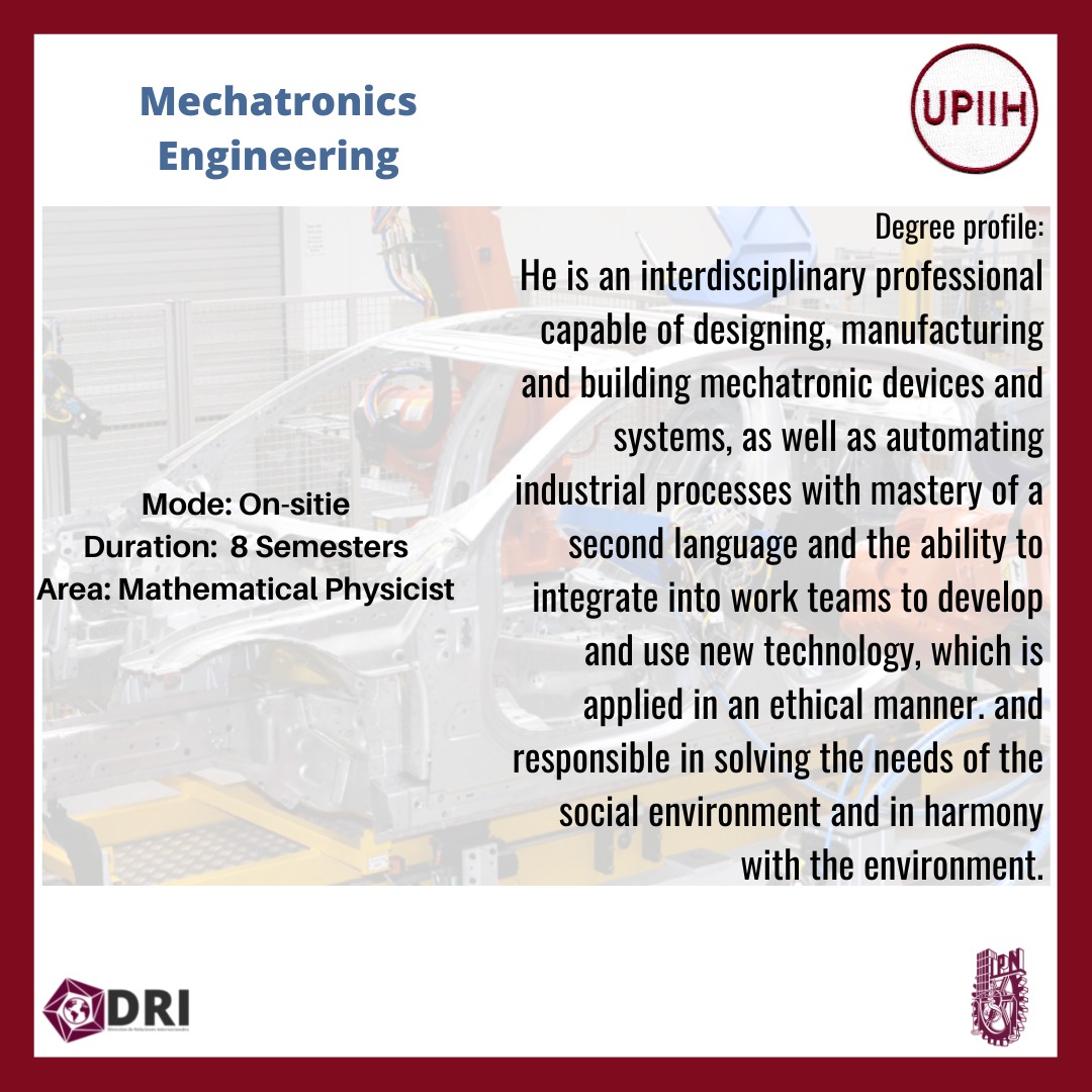 IPN_DRI's tweet photo. WHY IPN
Did you know the different degrees offered by UPIIH? 👷♂️
#WHYIPN
#UPIIH
#AutomotiveSystemsEngineering #MechatronicsEngineering https://t.co/vJTxaGQWPr