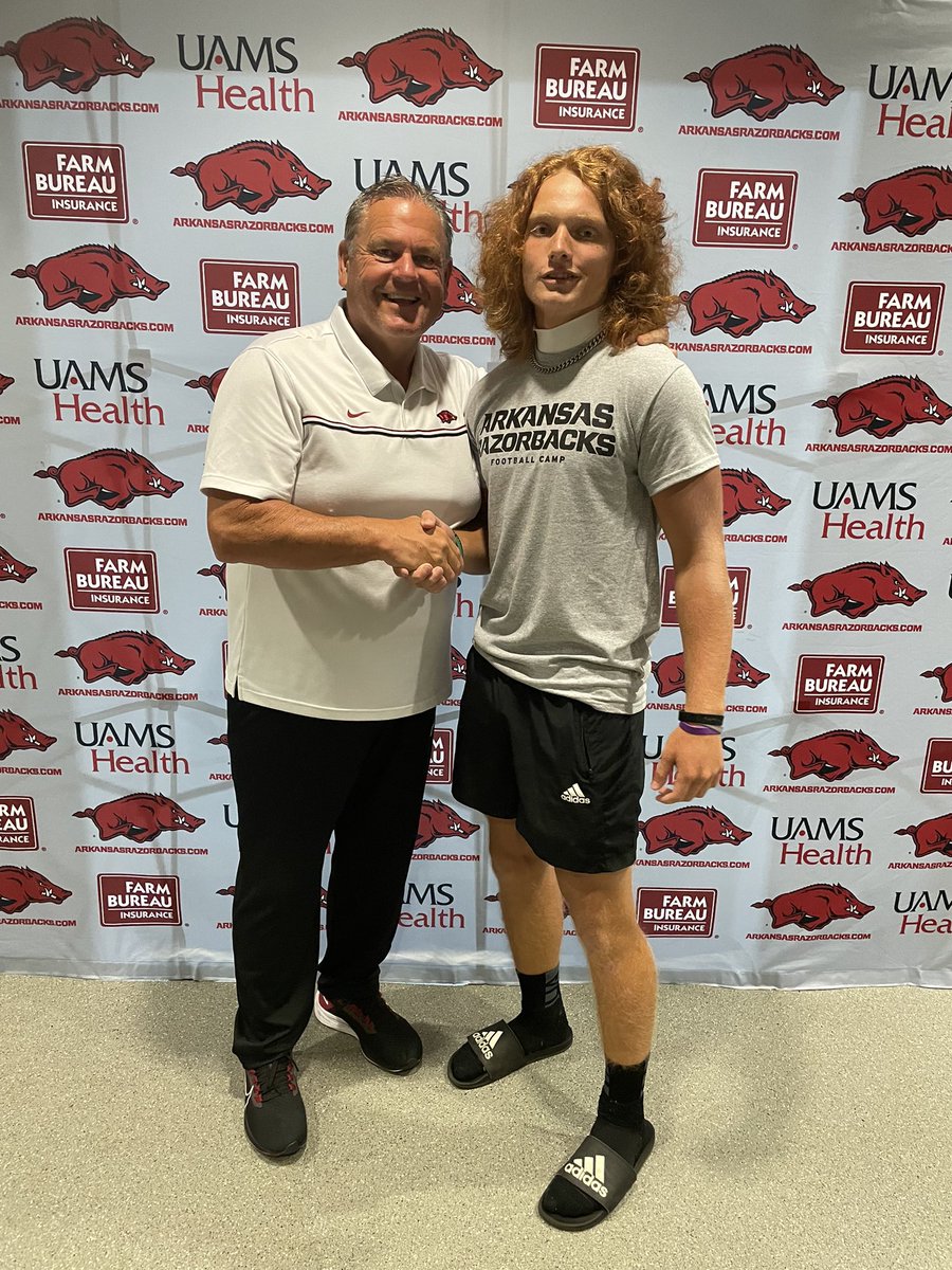 Had a great time at the Arkansas camp today. <a href="/CoachSamPittman/">Coach Sam Pittman</a> <a href="/Dowell_Loggains/">Dowell Loggains</a> <a href="/RazorbackFB/">Arkansas Razorback Football</a>
