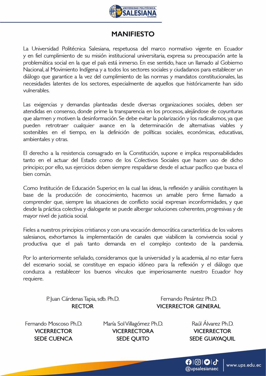 📜 #ManifiestoUPS a toda la comunidad universitaria y sociedad en general. 

❗ Pedimos mantenerse informados a través de los canales oficiales y no difundir información falsa.

#UPSEcuador