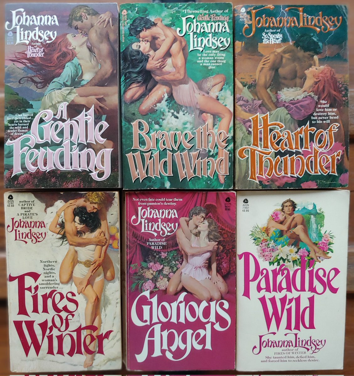 ArtOfTheClinch's tweet photo. All 13 Johanna Lindsey covers by Robert McGinnis in a three-tweet thread -- the first ten are the naked man covers. I wonder if there's a name for the Lindsey/McGinnis cover font? 😊 https://t.co/QIVOriuv1K