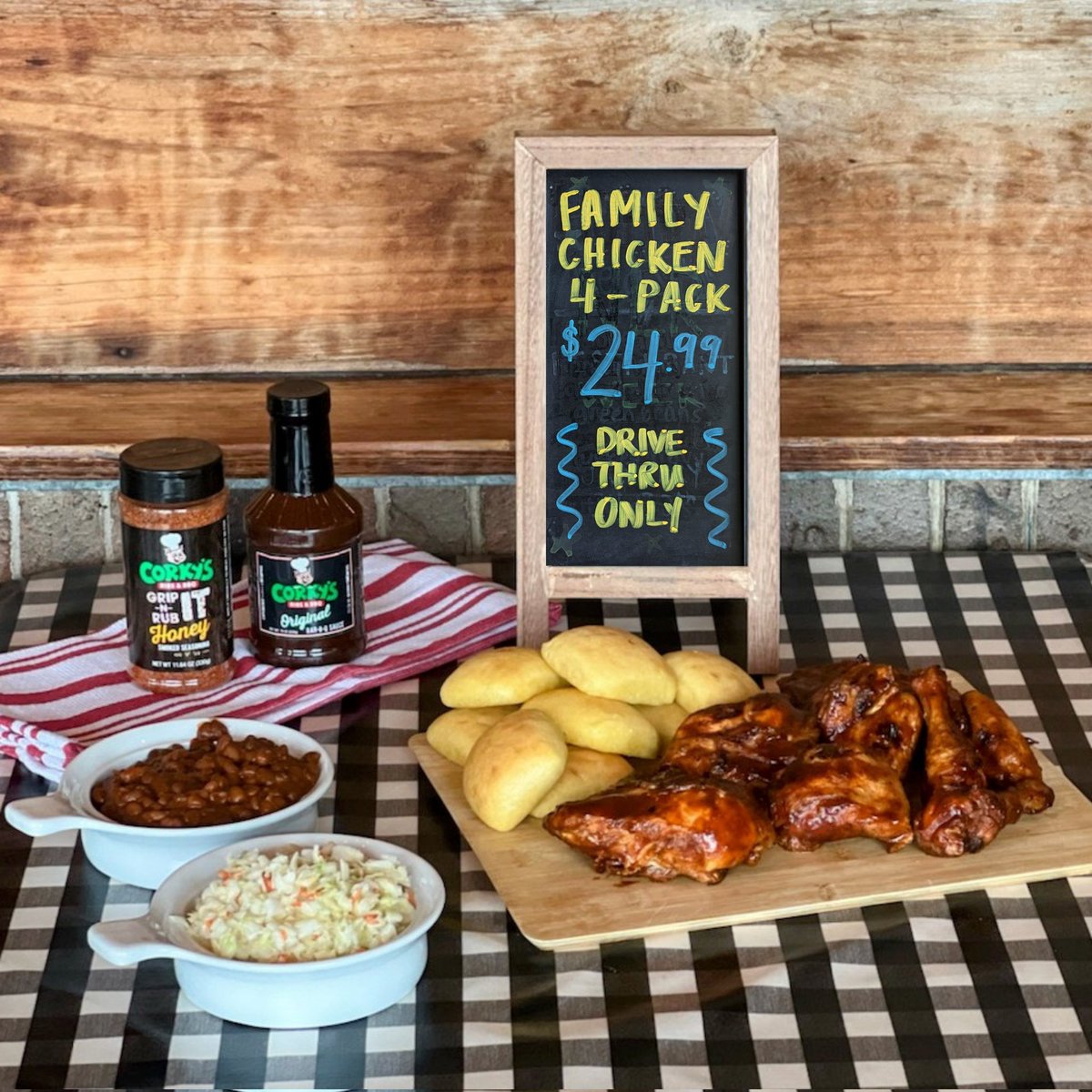 CorkysArkansas's tweet photo. Summertime Special ☀️🐷
• 8 pc of BBQ Chicken
• 8 Buttery Rolls
• 1 pt Baked Beans
• 1 pt Coleslaw
For only $24.99, it's a #MealDeal that you can't afford to miss! 😍
#DriveThruOnly #FathersDayWeekend #BBQChicken #OmaHogs #GamedayFood https://t.co/WWsPv0cob0