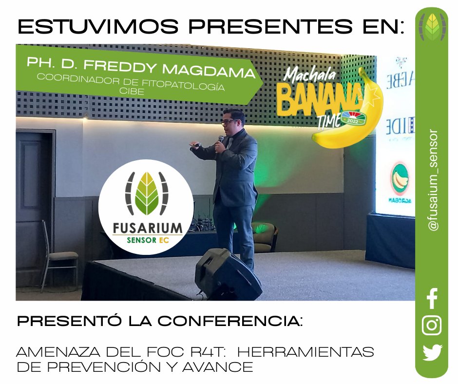 Fusarium Sensor EC (@fusarium_sensor) on Twitter photo Compartimos sobre la Amenaza de Foc R4T el MACHALA BANANA TIME 2022, presentando soluciones como la aplicación Fusarium Sensor. Una herramienta de ayuda digital para capacitar y empoderar a los productores de banano en la prevención de la Fusariosis R4T
#BananaTime #EcuadorsinR4T Compartimos sobre la Amenaza de Foc R4T el MACHALA BANANA TIME 2022, presentando soluciones como la aplicación Fusarium Sensor. Una herramienta de ayuda digital para capacitar y empoderar a los productores de banano en la prevención de la Fusariosis R4T
#BananaTime #EcuadorsinR4T