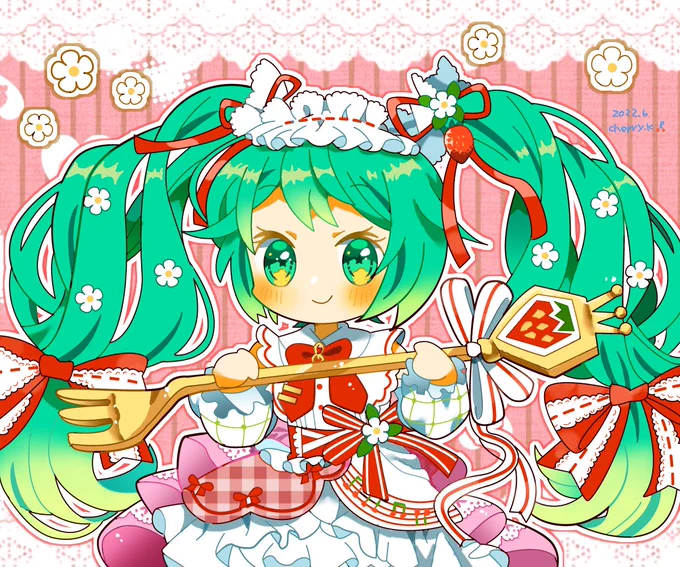 楠チェリーさんの15th Anniversaryミクさん!ミニな姿も、衣装にマッチした背景も、とても可愛いですね…!💛(≧∇≦)💕【https://t.co/f3y3J7RLXp】 #piapro #初音ミク 