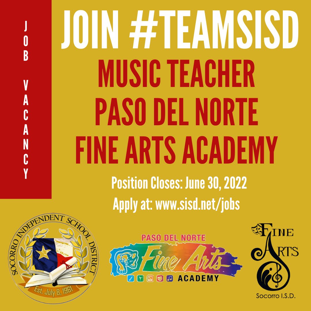 SISD_FineArts's tweet photo. Join #TeamSISD and be a part of the New Fine Arts Academy! 
Vacancy - Elementary Music Teacher and Elementary Theater Teacher. Apply now at https://t.co/r6gxjkGrtz. Postings close June 30, 2022. #SISDFineArts @PDN_Academy https://t.co/sv4WHzlWHD