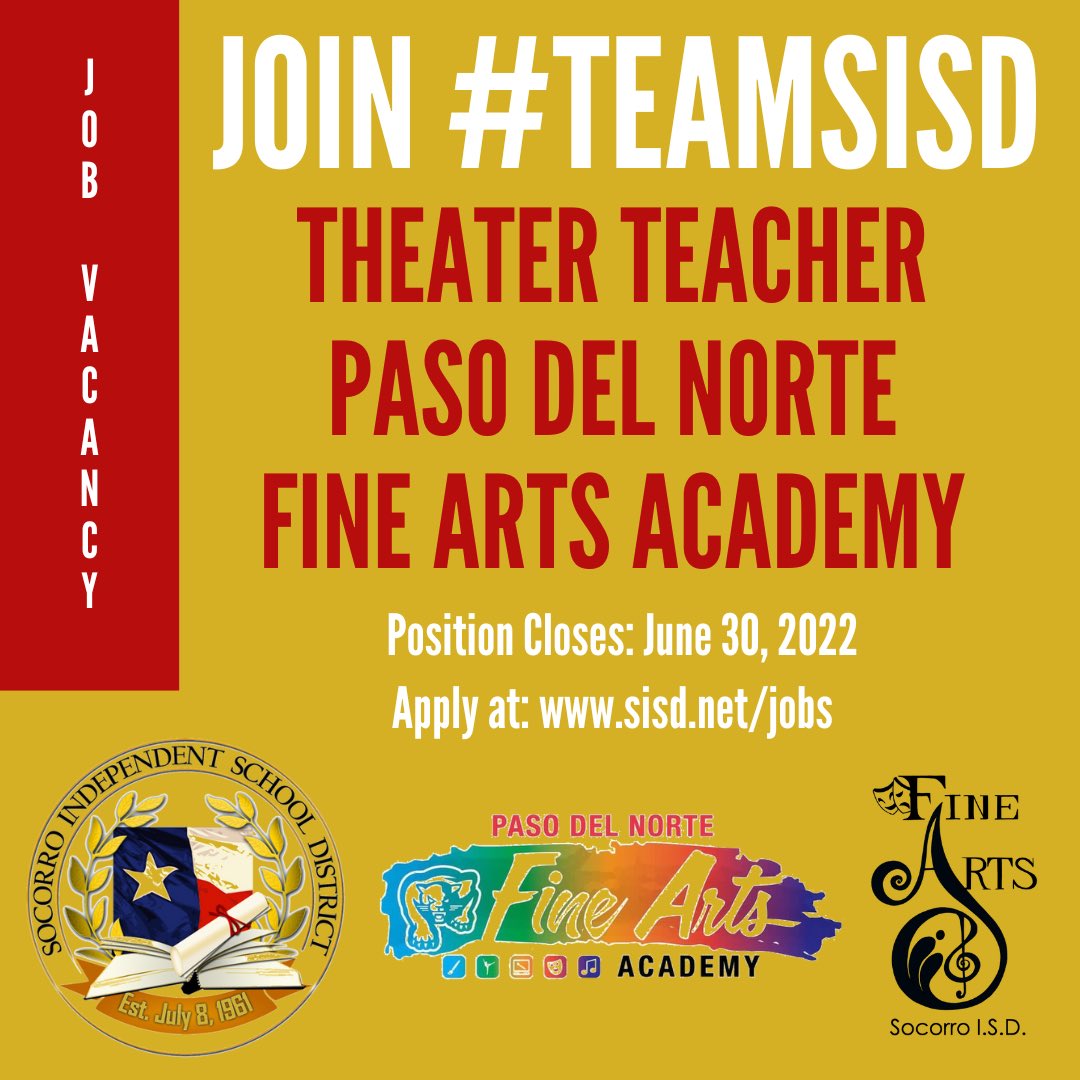 SISD_FineArts's tweet photo. Join #TeamSISD and be a part of the New Fine Arts Academy! 
Vacancy - Elementary Music Teacher and Elementary Theater Teacher. Apply now at https://t.co/r6gxjkGrtz. Postings close June 30, 2022. #SISDFineArts @PDN_Academy https://t.co/sv4WHzlWHD