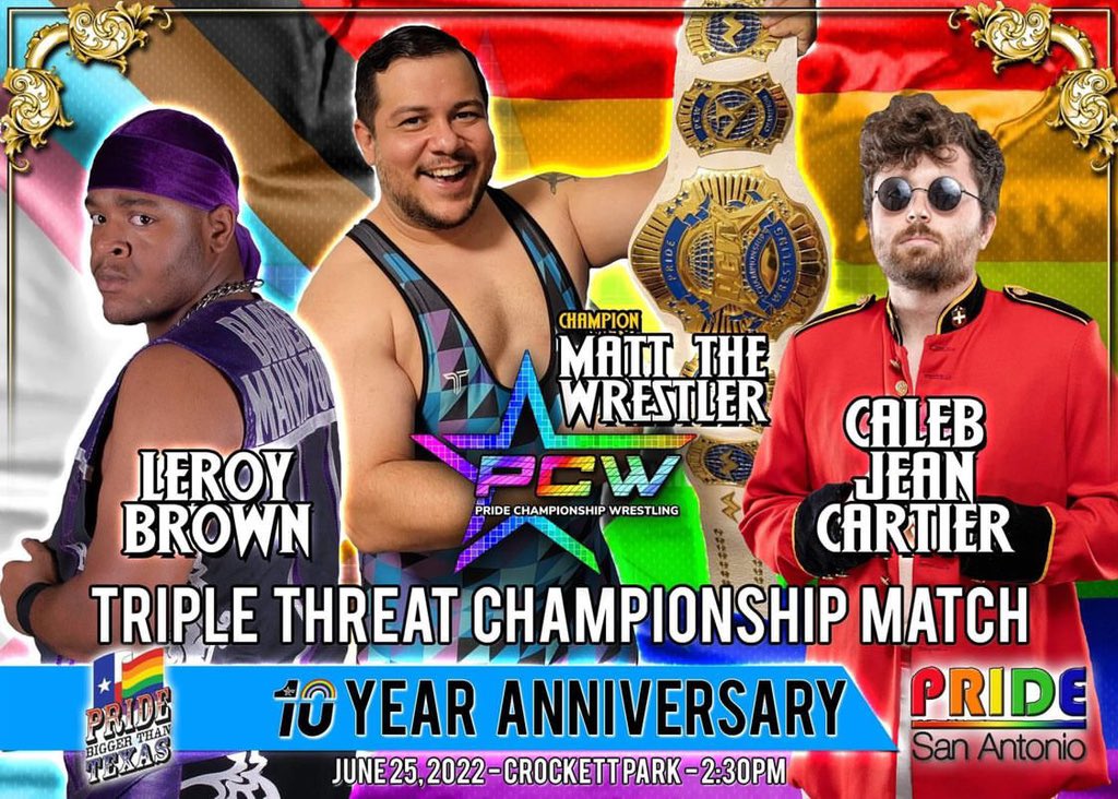 CalebJCartier's tweet photo. Time to become the 🏳️🌈 Champ in Texas! @PCWtx
#pride #LGBTQ #wrestling #texaswrestling #pridewrestling #lgbtqwrestling #qwi #mainevent #SanAntonioPride @LGBTRingPod @outsports @outinthering https://t.co/T7S0TyDZDL