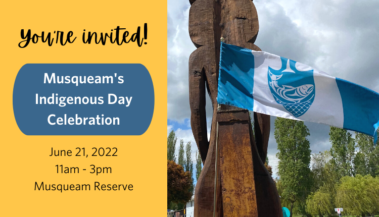 musqueam's tweet photo. We are so excited to come together for the first time since 2019 to celebrate Indigenous Peoples Day 🥳 

Join us at Musqueam Cultural Centre on Tuesday, June 21 between 11am and 3pm for our outdoor celebration! ☀ There will be food, games, vendors and info booths to enjoy. https://t.co/gVMh1i0TlD
