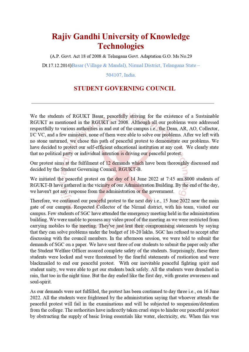 sgc_rguktb's tweet photo. Bringing this to your kind notice, we expect your support for this peaceful protest aimed at sustainable @RguktBasar 
The information is clearly mentioned in the attached images.

#VisitRGUKT #ConsiderRGUKT #IIITBasar https://t.co/UE4gPvahbE