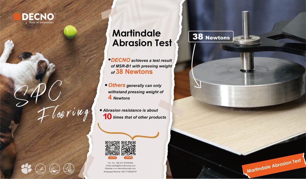 A- Jason DECNO Floor (@jasonxue88) on Twitter photo #SPC #FLOORING--#Martindale Abrasion #Test
DECNO achieves a test result of #MSR-B1 with pressing weight of #38 Newtons.
Others generally can only withstand pressing weight of #4 Newtons.
Abrasion resistance is about #10 times that of other products.
EM:jasonxue@decnoflooring.com #SPC #FLOORING--#Martindale Abrasion #Test
DECNO achieves a test result of #MSR-B1 with pressing weight of #38 Newtons.
Others generally can only withstand pressing weight of #4 Newtons.
Abrasion resistance is about #10 times that of other products.
EM:jasonxue@decnoflooring.com