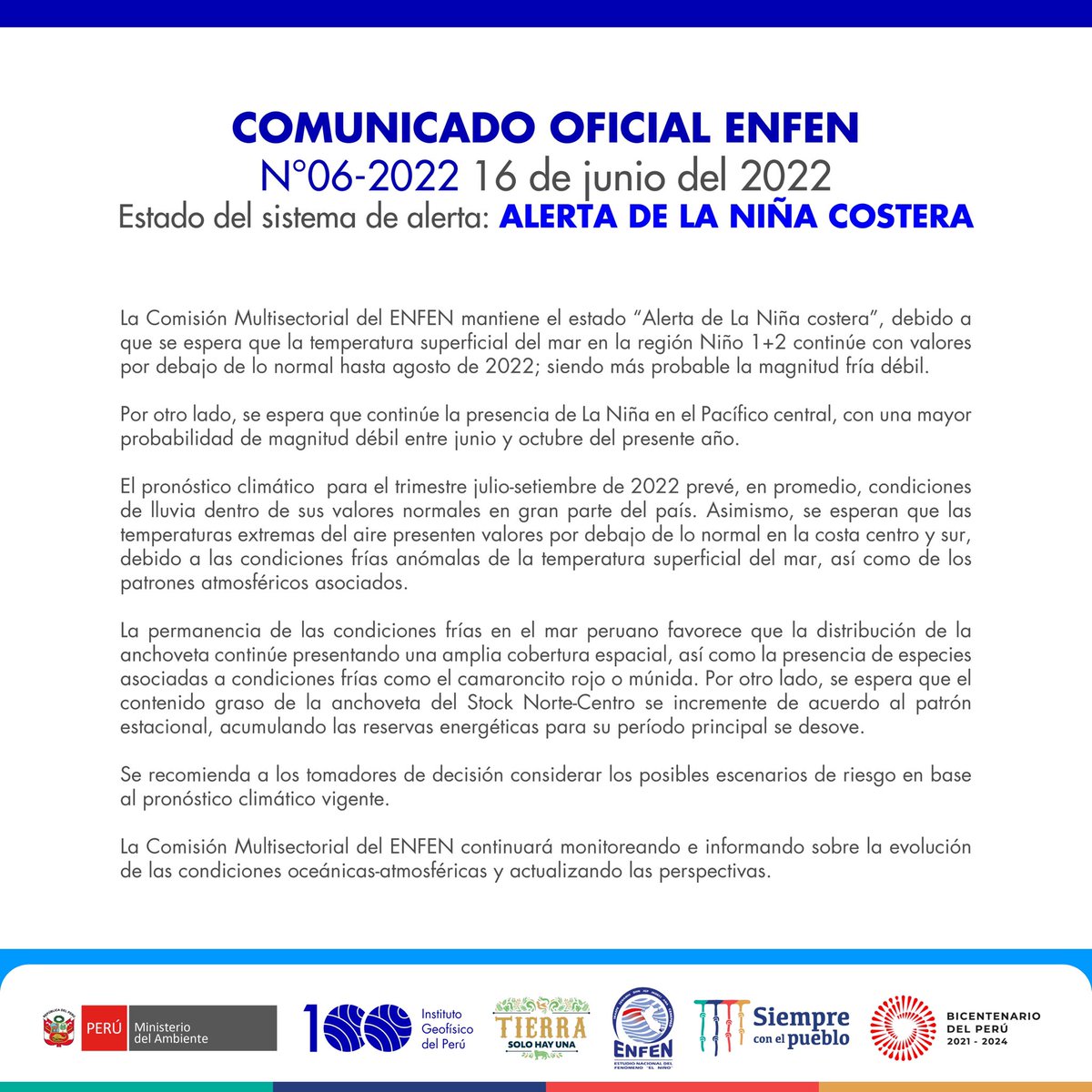 📢 #Nuevo
Compartimos el comunicado oficial del #ENFEN Nro. 06-2022.

Más detalles del documento en el siguiente enlace 👇🏽
bit.ly/39vhPF3

#ENFEN #ElNiño #LaNiña #ElNiñoCostero #Ciencia