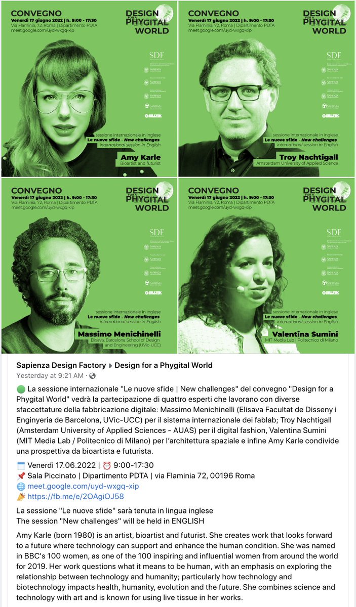 amykarle's tweet photo. Free talk DESIGN FOR A PHYGITAL WORLD today @ 11:40am CET 
Hear me speak about my work &amp; challenges in #exponentialtechnology and physical/digital/bio #emergingtechnology w Q&amp;A
call in https://t.co/j1UJOc3mJN 
more details@ https://t.co/Jd6v7I6QSa
hope to see you there! https://t.co/RKGh1e86yg