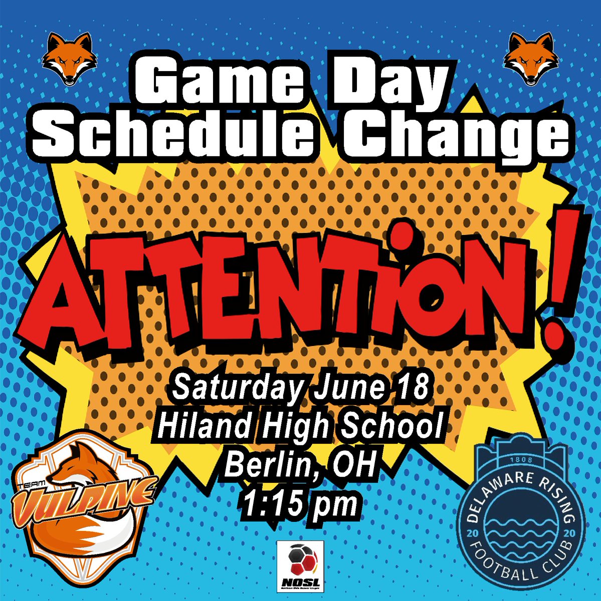 Due to our home field being damaged by the major storm this week. we have had to move our game this week. We are playing in Berlin at Hiland High School at 1:15 pm. Come see the Foxes and eat and shop in the Amish country of Ohio.