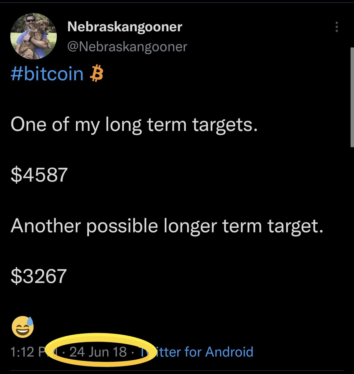 Nebraskangooner's tweet photo. My long term #Bitcoin targets rarely miss.

No bull fractals.

No emotions.

I'm not right all the time but I admit when I'm wrong. 

Thanks for joining me for the last few years. It's been fun.

I can't wait for the next #Bitcoin bull cycle to $200k+ https://t.co/eFkT0owNUO