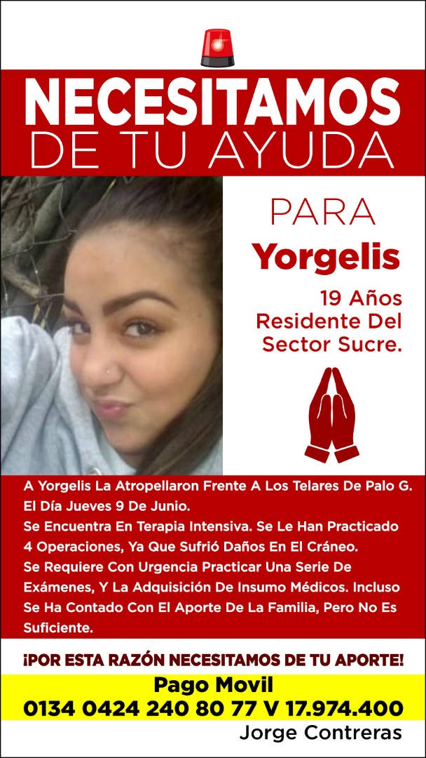 Esta chica es de caricuao ,fue atropellada cuando regresaba de dejar a su bb en el colegio ,el conductor estaba ebrio , tiene 3 fracturas de craneo ,la tienen recluida en terapia intensiva en el hospital Pérez Carreño. <a href="/anyrmontes28/">Ana</a> <a href="/tamairycabrera/">Tamairy Cabrera</a> <a href="/raulrivas05_1/">𝕽𝖆ú𝖑 𝕽𝖎𝖛𝖆𝖘</a> <a href="/AlexaGomezDos/">Alexa Gómez</a>