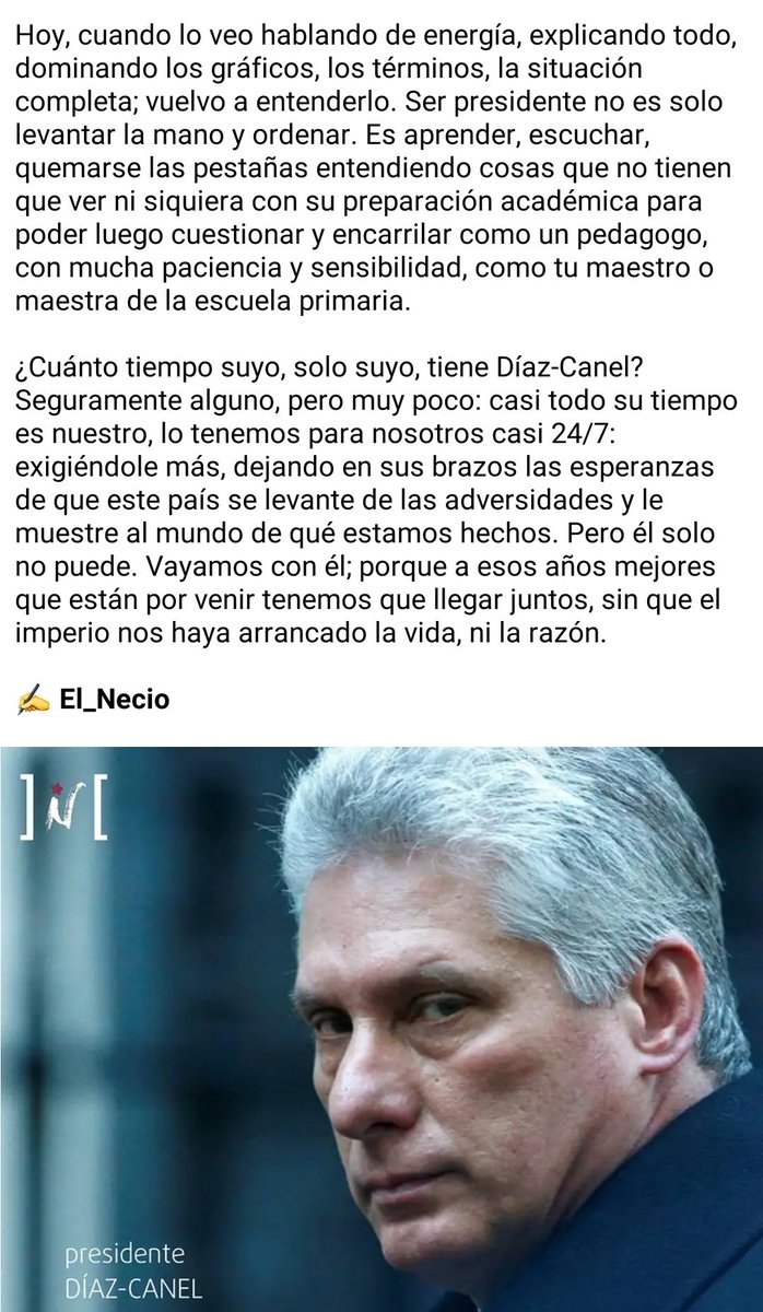 ElNecio_Cuba's tweet photo. «Él solo no puede. Vayamos con @DiazCanelB, porque a esos años mejores que están por venir tenemos que llegar juntos, sin que el imperio nos haya arrancado la vida, ni la razón»

👇👇Lean todo el comentario 🇨🇺 https://t.co/4dOrosuGr2