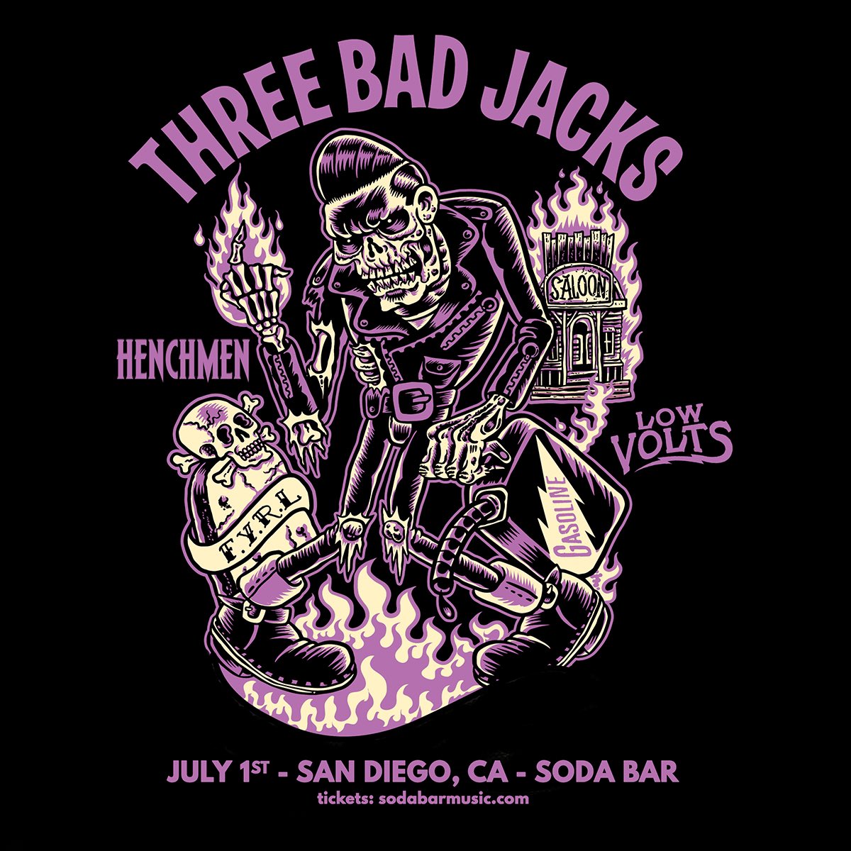 7/01 @ Soda Bar – <a href="/ThreeBadJacks/">Three Bad Jacks</a> w/ <a href="/TheHenchmen/">The Henchmen</a>, <a href="/LowVolts/">LOW VOLTS</a> • 🎟: link.dice.fm/VxYvFVFbVqb
