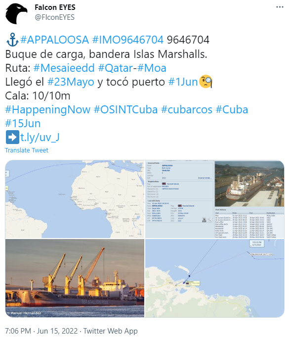 FlconEYES's tweet photo. 🚨La extracción de #Niquel en #Moa, requiere de gran cantidad diesel, para mover los camiones de carga.
➡️https://t.co/tgk9dx2vnl (#cubarcos #Moa)
Ventas recientes:
#TRINITAS #IMO9374973 
#APPALOOSA #IMO9646704 
#SHANGHAI #IMO9220988 
#KOOLE74 #IMO7002605 
#AUGUSTASUN #IMO9223904 https://t.co/TgyxTTDyx7
