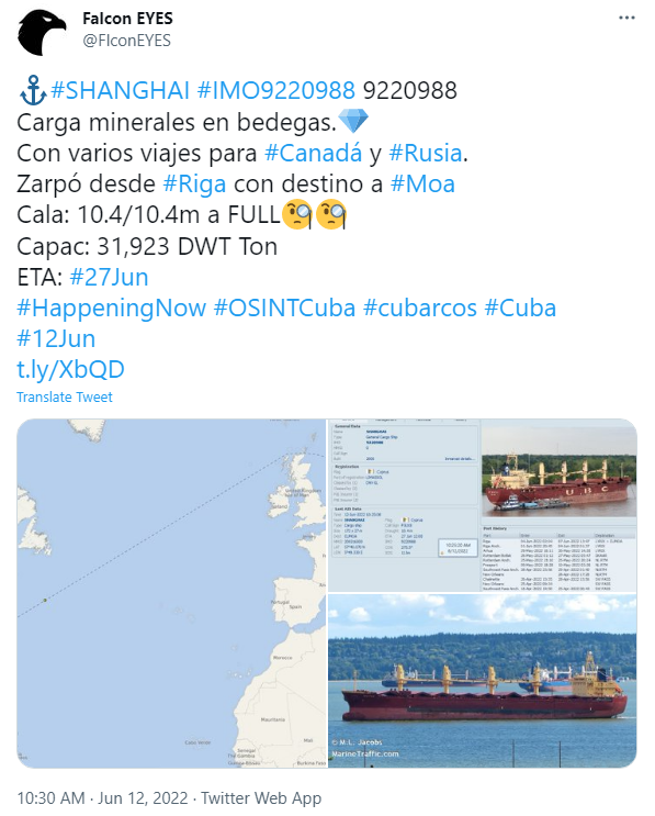 FlconEYES's tweet photo. 🚨La extracción de #Niquel en #Moa, requiere de gran cantidad diesel, para mover los camiones de carga.
➡️https://t.co/tgk9dx2vnl (#cubarcos #Moa)
Ventas recientes:
#TRINITAS #IMO9374973 
#APPALOOSA #IMO9646704 
#SHANGHAI #IMO9220988 
#KOOLE74 #IMO7002605 
#AUGUSTASUN #IMO9223904 https://t.co/TgyxTTDyx7
