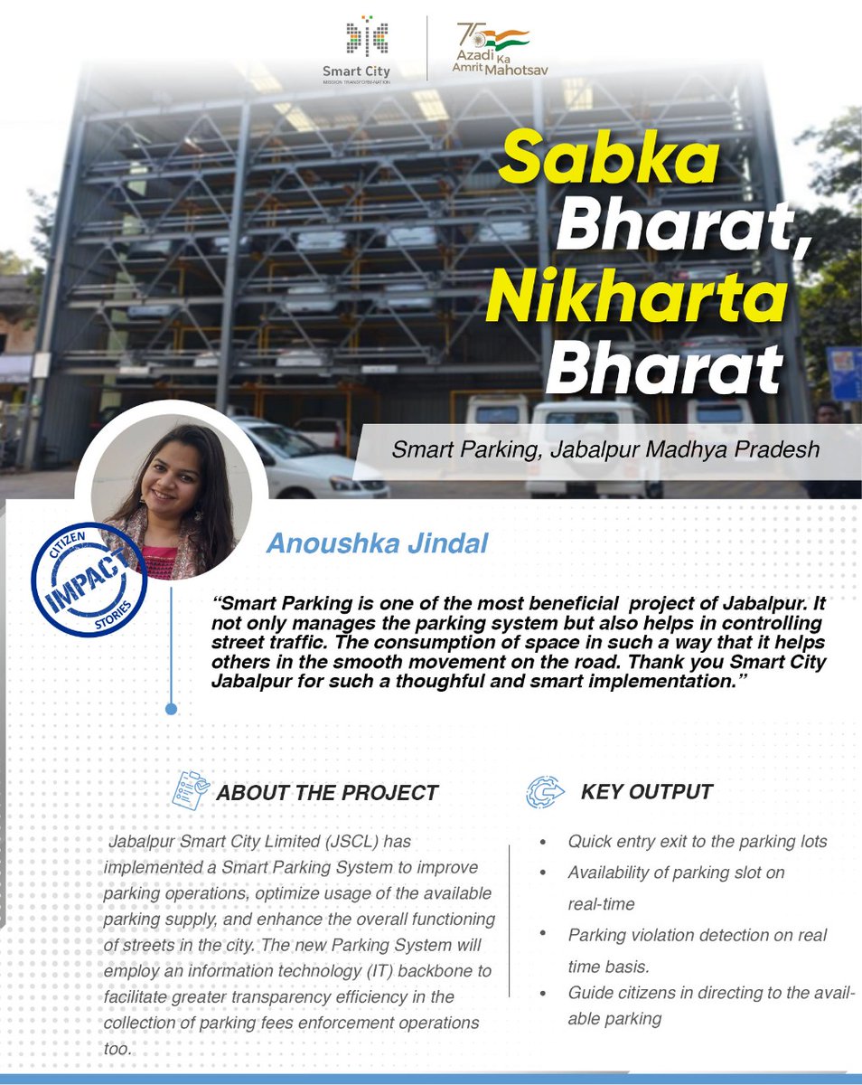jscljabalpur's tweet photo. Citizen impact story of Jabalpur Smart City Limited.
#MultiLevelCarParking #MLCP
#SmartCityJabalpur #SmartCitiesMission #SabkaBharatNikhartaBharat
#MinistryofHousingandUrbanAffairs #ITDPIndia #CMMadhyaPradesh #JabalpurIncubationCenter
@SmartCities_HUA @MoHUA_India https://t.co/Un5ZsvMtoV