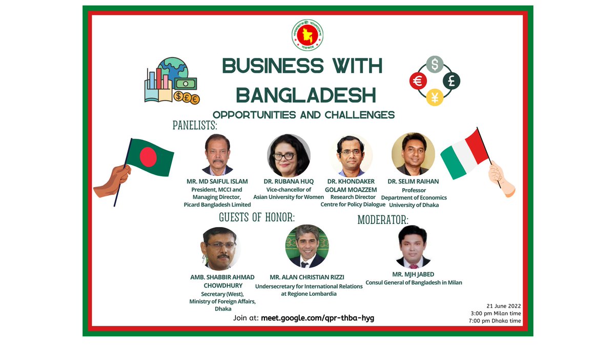 BCGMilan's tweet photo. BUSINESS WITH BANGLADESH

21 June 2022 at 3:00pm 

Join at: https://t.co/EAYg2VAS8t

#italy #bangladesh #business https://t.co/F6oFlRh9QY