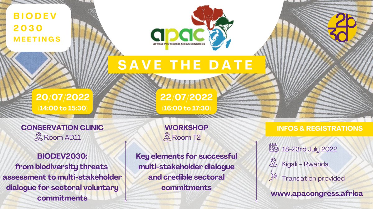 biodev2030's tweet photo. ๐
Save the date! 1 month to go to #Apac2022!
Come meet us to discuss #biodiversity mainstreaming & sectoral #voluntarycommitments.
๐ Registrations: https://t.co/LV7jzuGf9S
@APA_Congress
@AFD_en
@expertisefrance
@IUCN
@WWFFrance https://t.co/zzSQAhWaD7