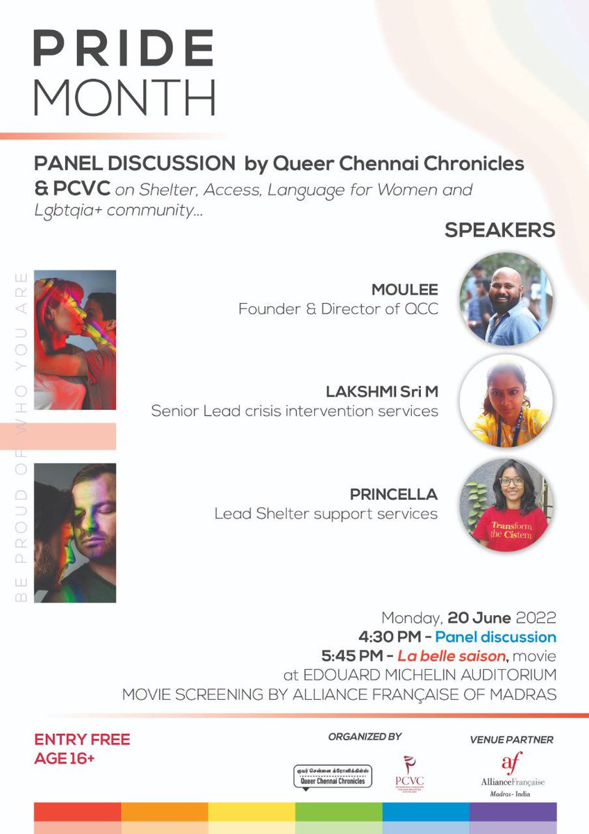 A discussion on shelter, access and language for cis-het women and LGBTQIA+ persons by Queer Chennai Chronicles and <a href="/pcvc2000/">PCVC</a> ; followed by movie screening - La belle saison - by @afmadras