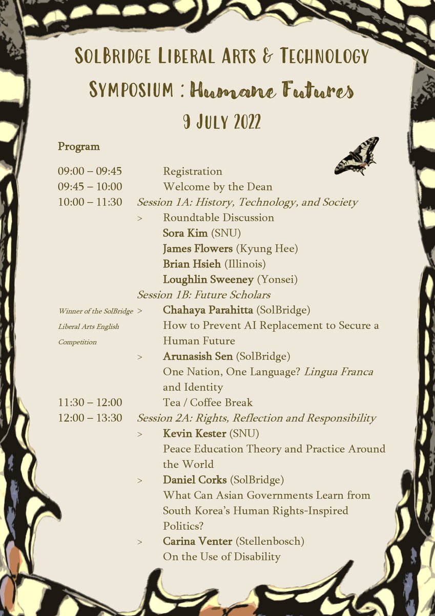SolBridge_LATS's tweet photo. We are delighted to confirm our program for the  SolBridge Lib Arts and Tech #Symposium: #HumaneFutures on 2022.07.09! To register for this exciting event and take part in discussions surrounding #sustainability, #equity, and #innovation visit https://t.co/EFDGYHScAM. https://t.co/kL2MZlIw2f