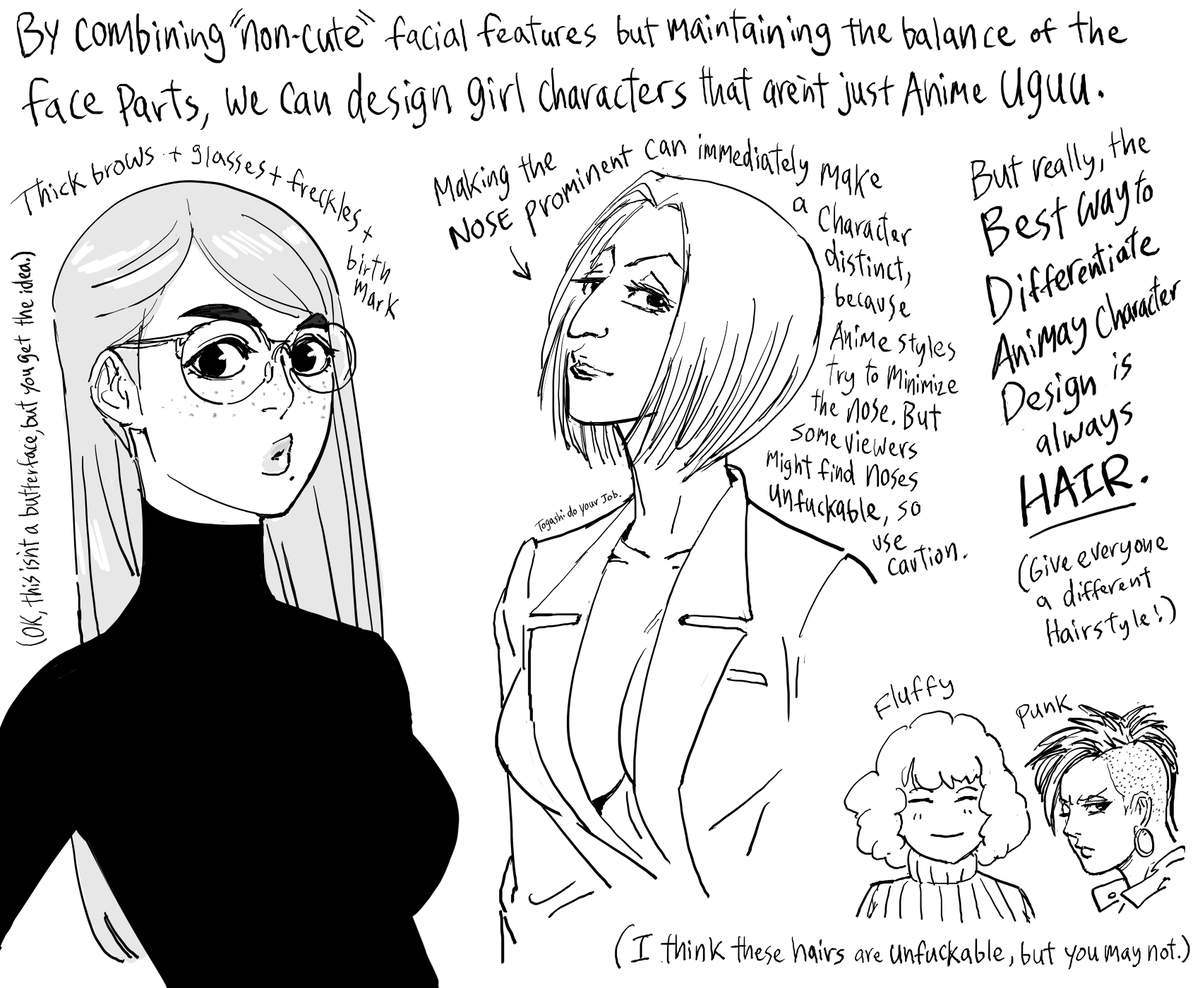 After my fem-Patches pic, Patreon requested that I elaborate on my ideas about non-standard anime faces, so I did a tutorial (?) of my ideas.
Remember, Coomers will find most girls fappable, so don't be afraid to test out different facial features. 